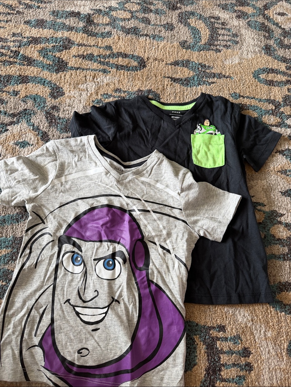 Amazon Essentials Boys' Black Tee with Neon Green Pocket and Buzz Lightyear!